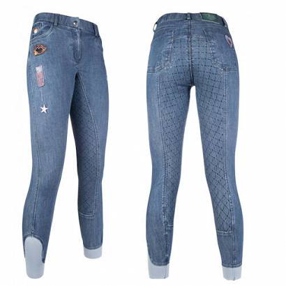 Bryczesy  młodzieżowe HKM Patches Denim jeans, z pełnym silikonowym lejem / 1040 k