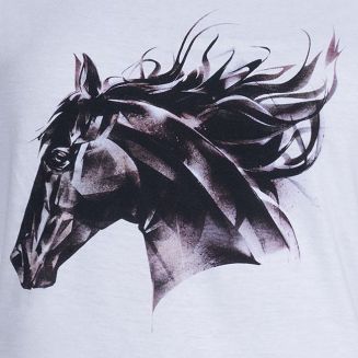 Z przodu koszulki trwały nadruk - głowa czarnego kona z rozwianą grzywą.